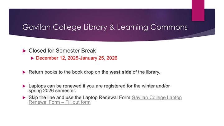 Library will be closed 12/13-1/25 for the semester break