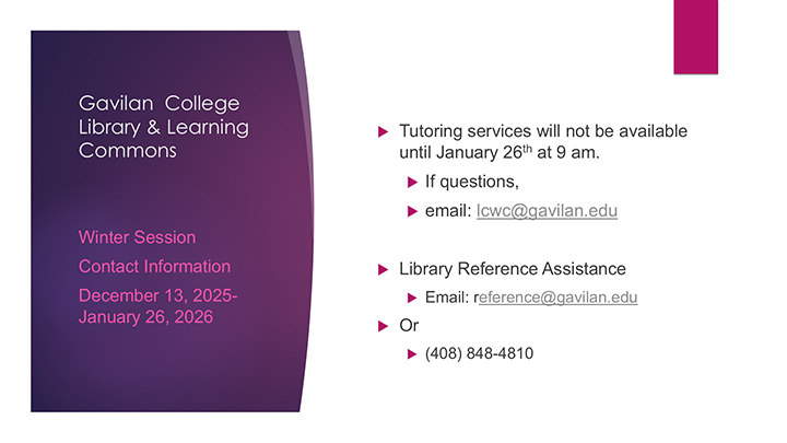 Tutoring Services will resume 1/26.