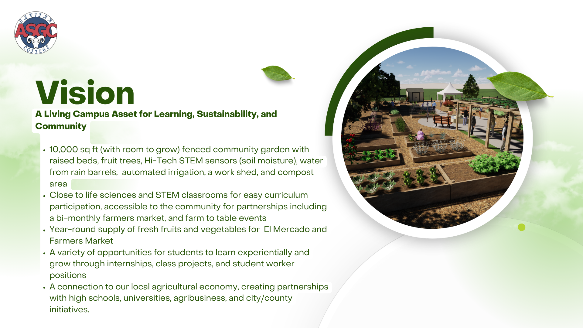 A slide describing the overall vision for the Gavilan Community garden proposed by ASGC