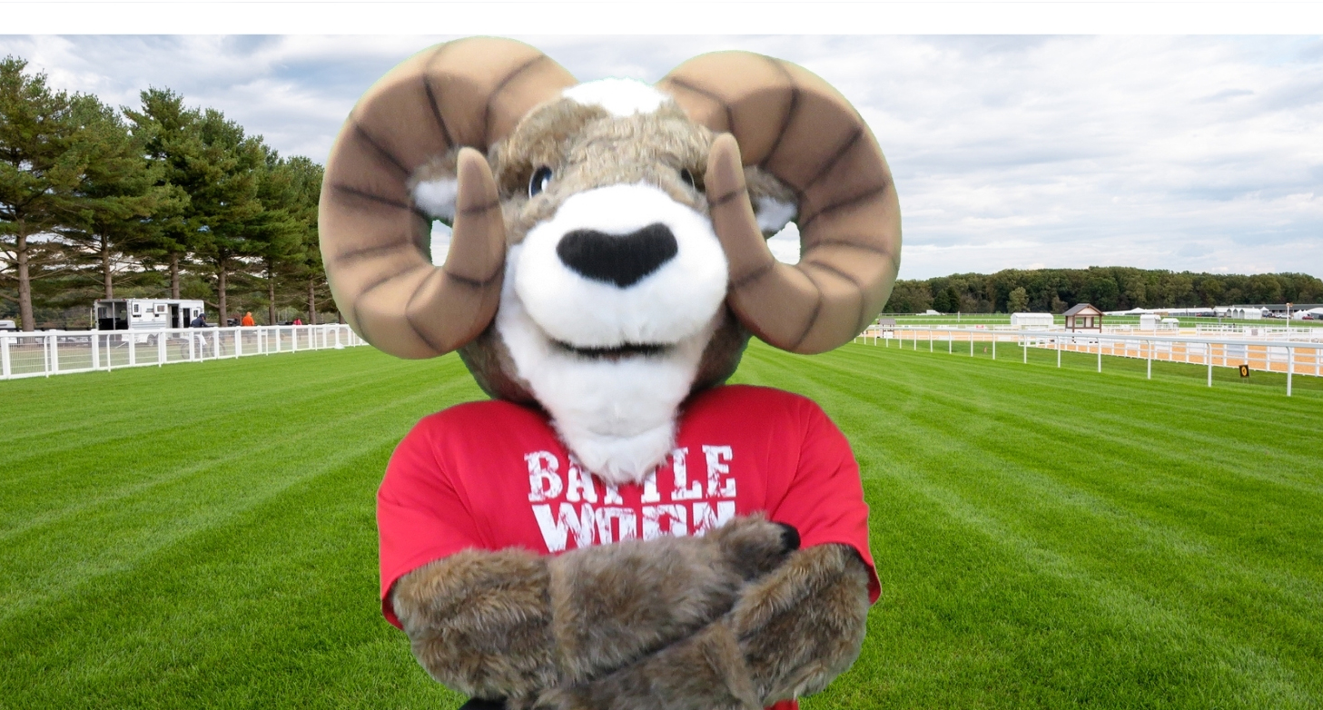 A person wearing a ram mascot costume stands with arms crossed in the center of a well-manicured grassy field enclosed by white fencing. The mascot has large, curled tan horns, a brown-and-white furry face, and is wearing a red T-shirt with the words "BELLE WETHER" printed in white across the front. Trees line the left side of the field, with buildings and additional fenced areas visible in the distance under a cloudy sky. The mascot faces the camera in a confident, welcoming pose.
