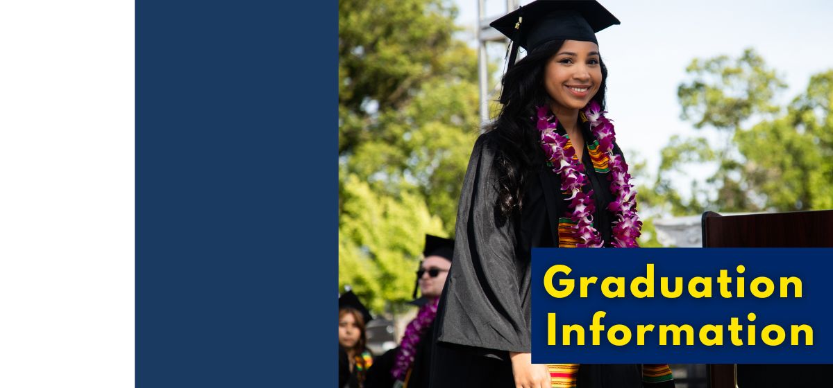 Female graduate walking across the stage with the words Graduation Information